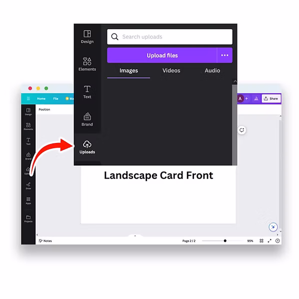 Step 4: You can upload your image files through the “Upload” button on the sidebar menu. The Canva template has both sides of the card, front and back.Please note the back has a white blank square in the top right hand corner.