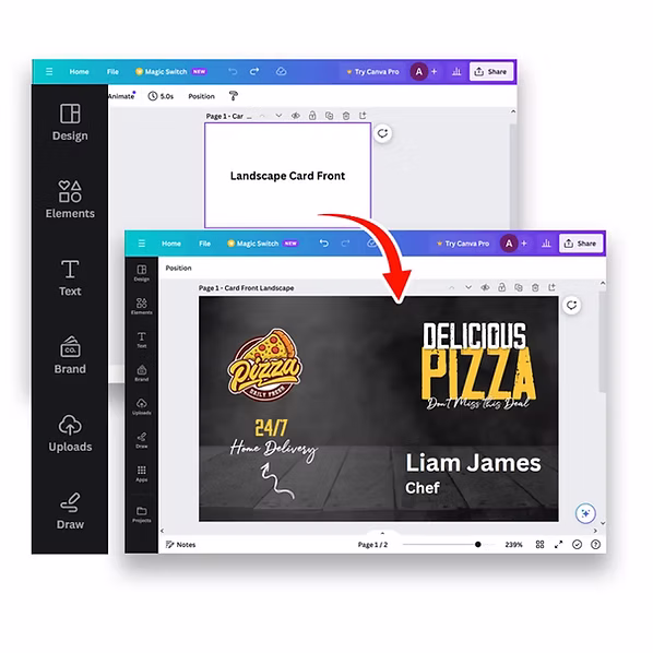 Step 5: Click on the front side of the card. Add your logo, name, title, background colour etc.