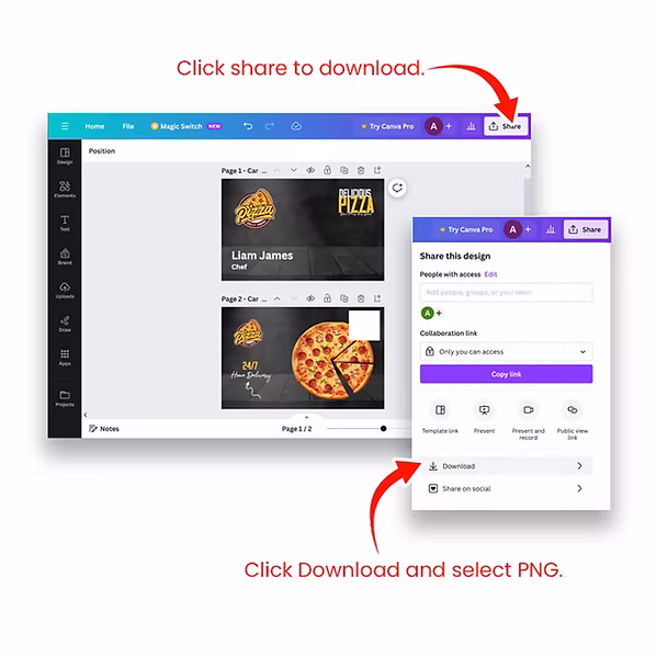 Step 7: Once your happy with the design and the white box is clear, click the share button on the top right corner of Canva menu and download your designs as PNG.